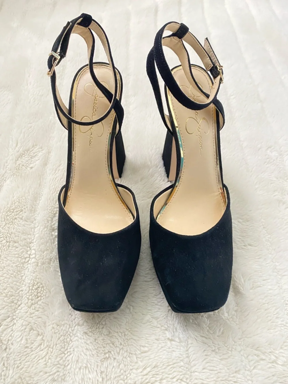 Jessica Simpson Black Suede Platform Block Heels with Ankle Strap Size 8.5